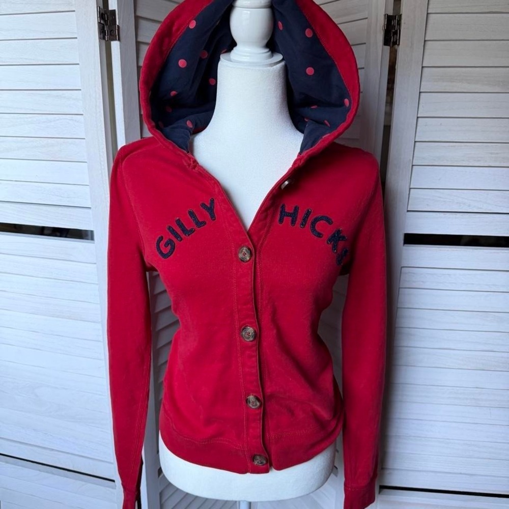 Vintage y2k Gilly Hicks red cardigan blue polka dot hood